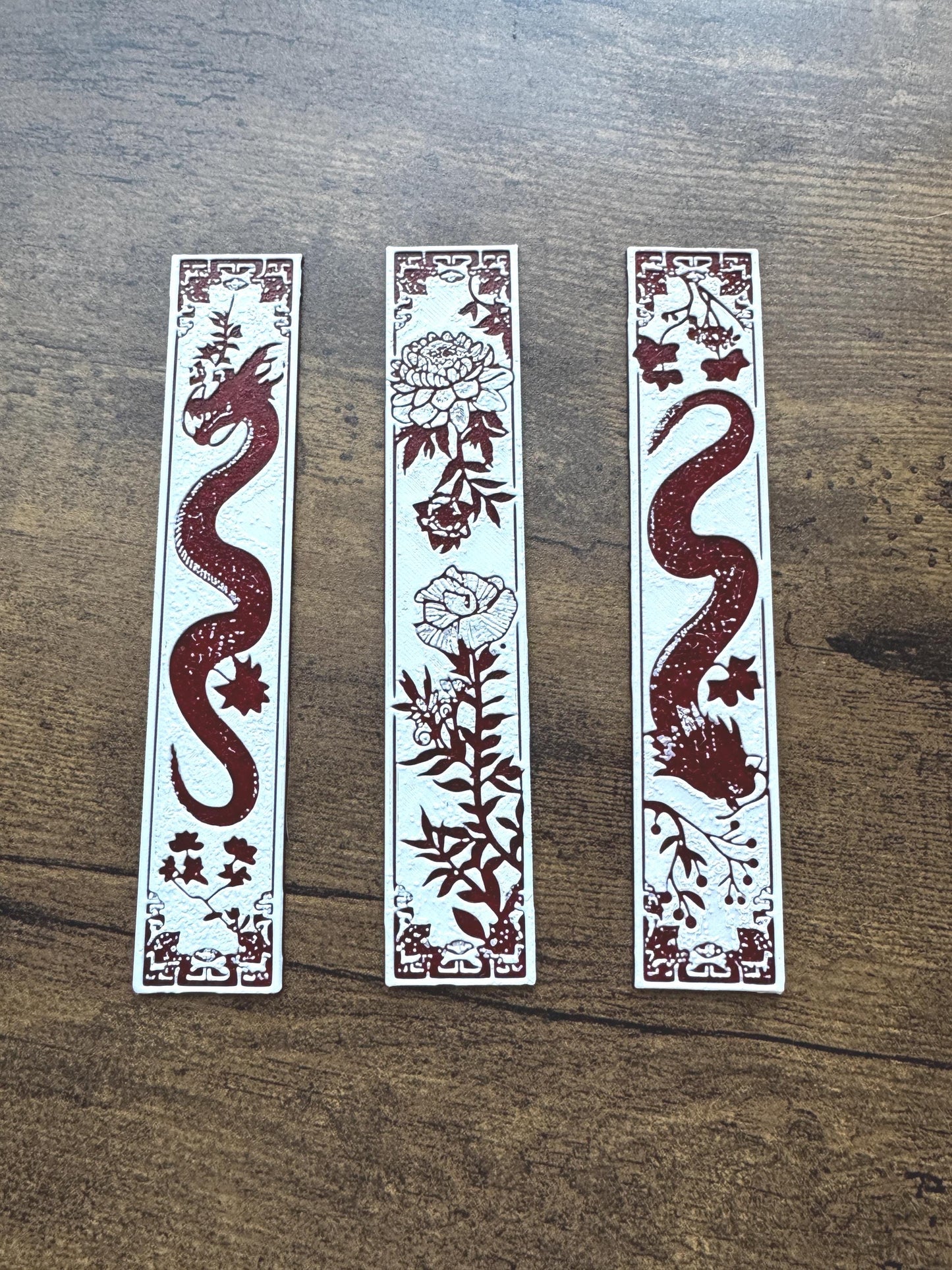 Blossom Guardians Bookmark Set – Red and White Dragon and Flower Bookmarks | Fantasy & Floral Page Markers (Set of 3 or Individual)