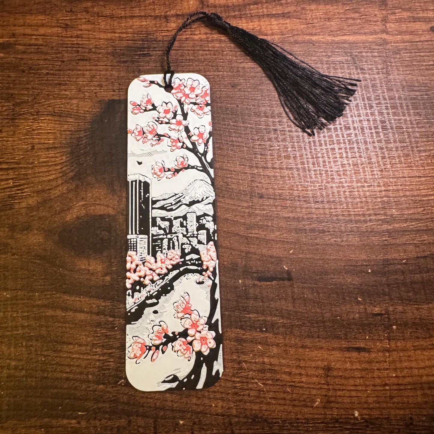 Cherry Blossom Bookmark Set – Pink Blossoms on Black & White Japanese-Inspired Design | 3D Printed Elegant Bookmarks with Black Tassel
