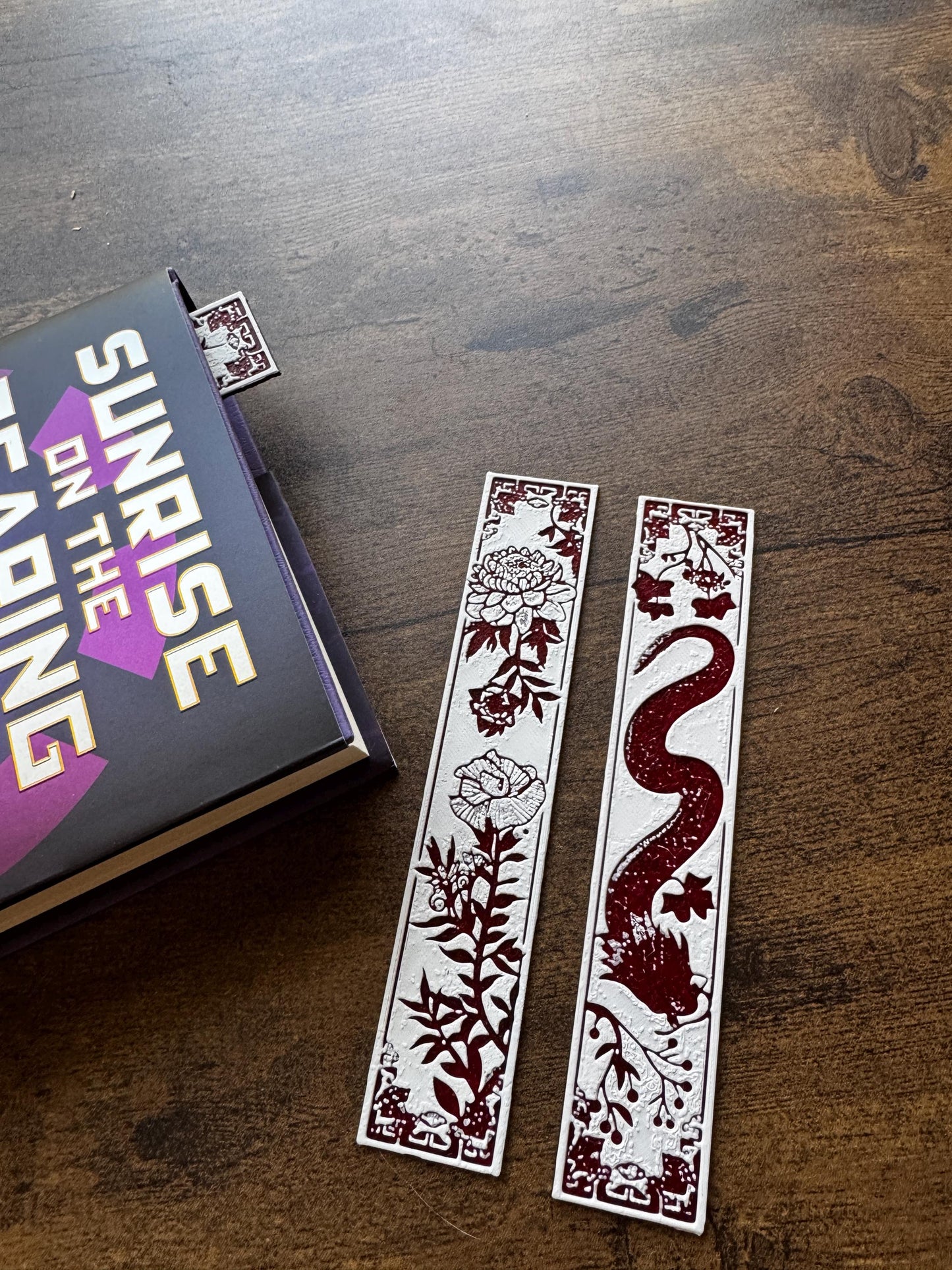Blossom Guardians Bookmark Set – Red and White Dragon and Flower Bookmarks | Fantasy & Floral Page Markers (Set of 3 or Individual)