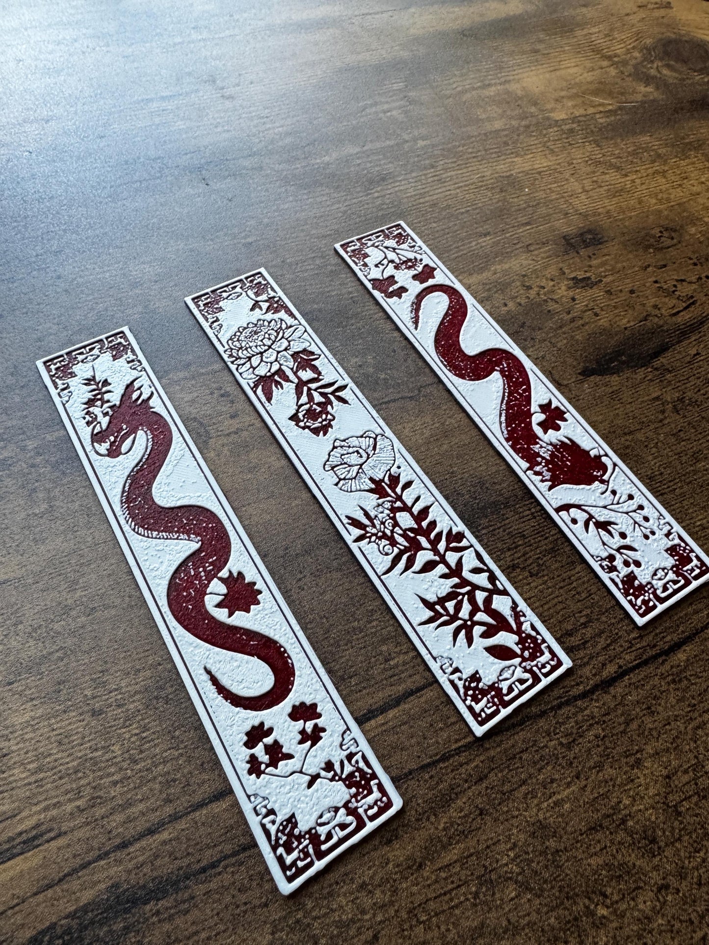 Blossom Guardians Bookmark Set – Red and White Dragon and Flower Bookmarks | Fantasy & Floral Page Markers (Set of 3 or Individual)