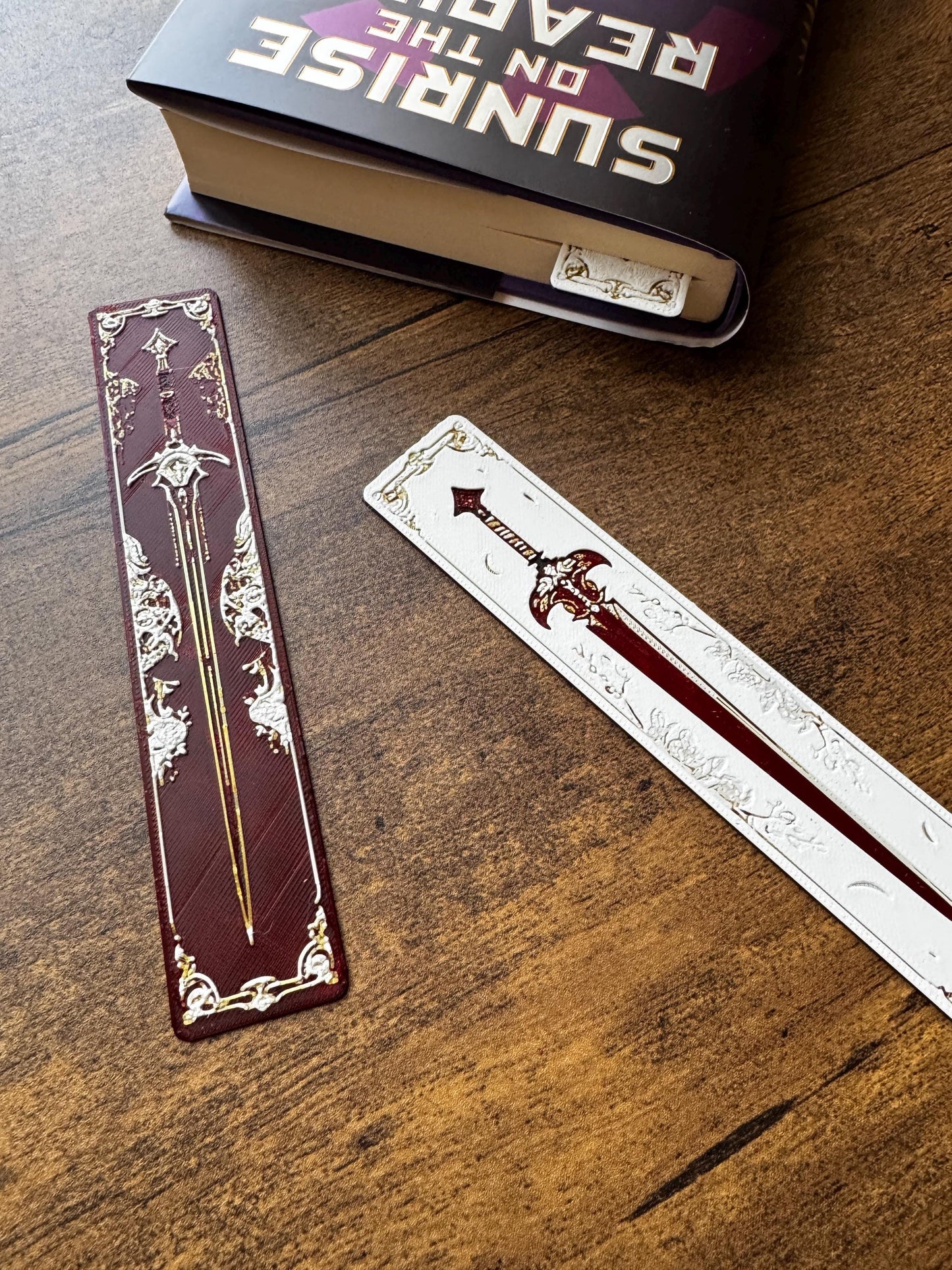 Blade and Blossom Bookmark Set – Fantasy Sword & Flower Bookmarks in Red, White and Gold | Aesthetic Page Markers (Set of 3 or Individual)