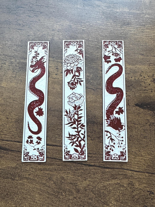 Blossom Guardians Bookmark Set – Red and White Dragon and Flower Bookmarks | Fantasy & Floral Page Markers (Set of 3 or Individual)