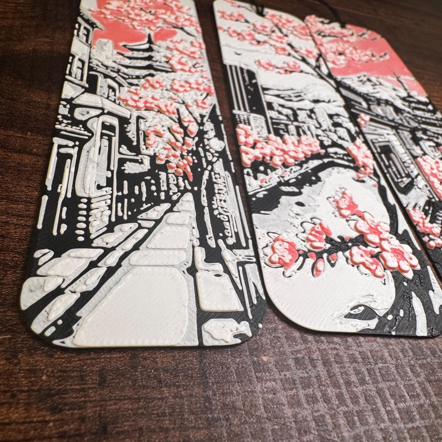 Cherry Blossom Bookmark Set – Pink Blossoms on Black & White Japanese-Inspired Design | 3D Printed Elegant Bookmarks with Black Tassel