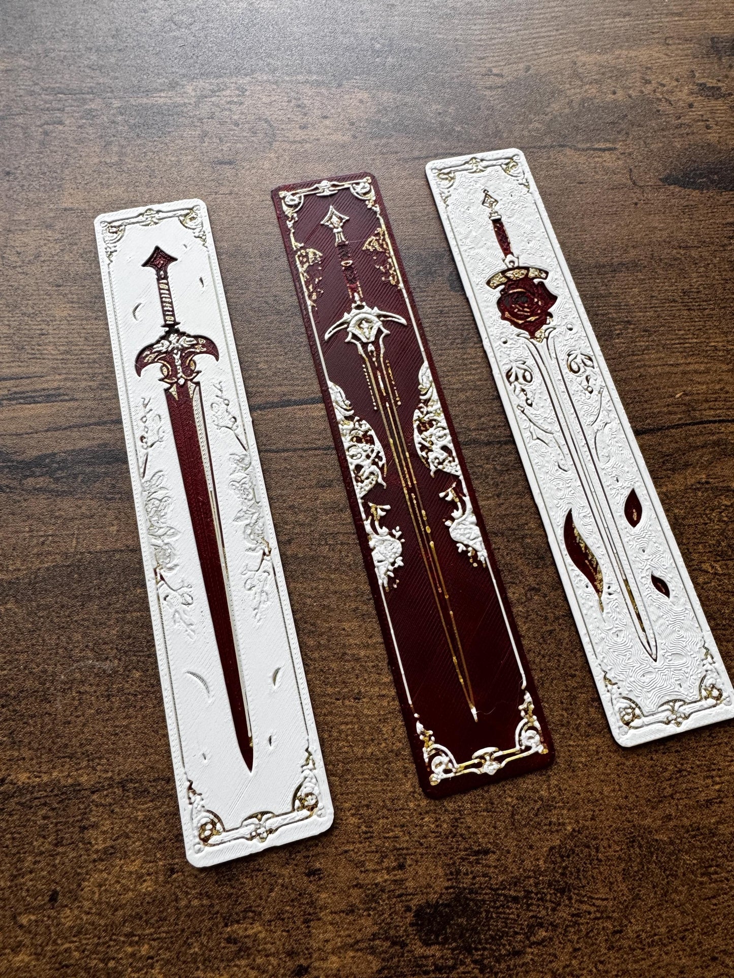 Blade and Blossom Bookmark Set – Fantasy Sword & Flower Bookmarks in Red, White and Gold | Aesthetic Page Markers (Set of 3 or Individual)