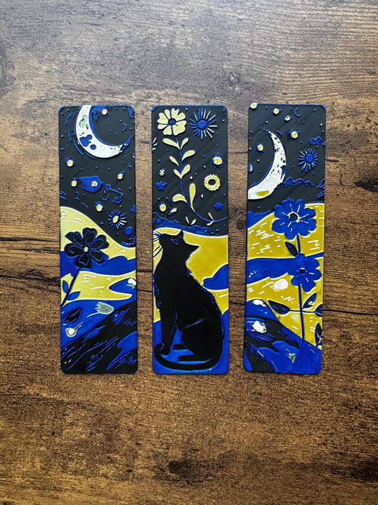 Stargazer Bookmark – Black Cat with Crescent Moon & Floral Accents | Celestial Fantasy Bookmark for Dreamers and Book Lovers