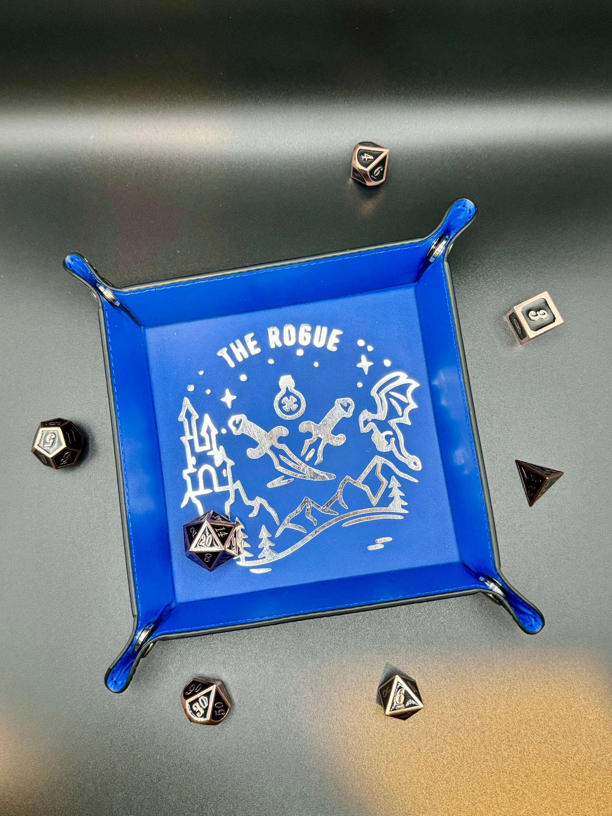 Personalized custom dice tray for tabletop games like Dungeons & Dragons, perfect for barbarians, bards, clerics, druids, fighters, monks, paladins, rangers, rogues, sorcerers, warlocks, and wizards