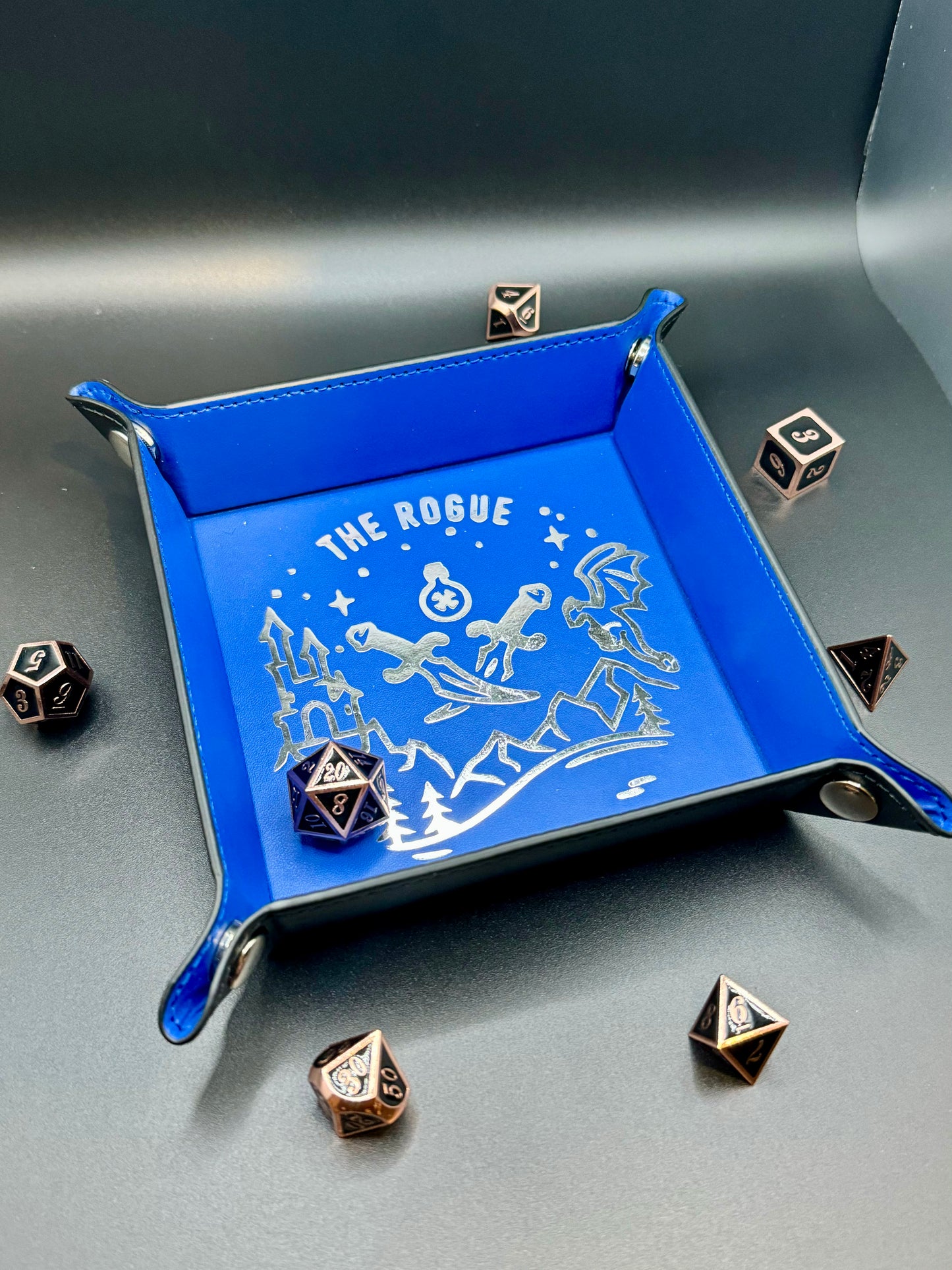 Personalized custom dice tray for tabletop games like Dungeons & Dragons, perfect for barbarians, bards, clerics, druids, fighters, monks, paladins, rangers, rogues, sorcerers, warlocks, and wizards