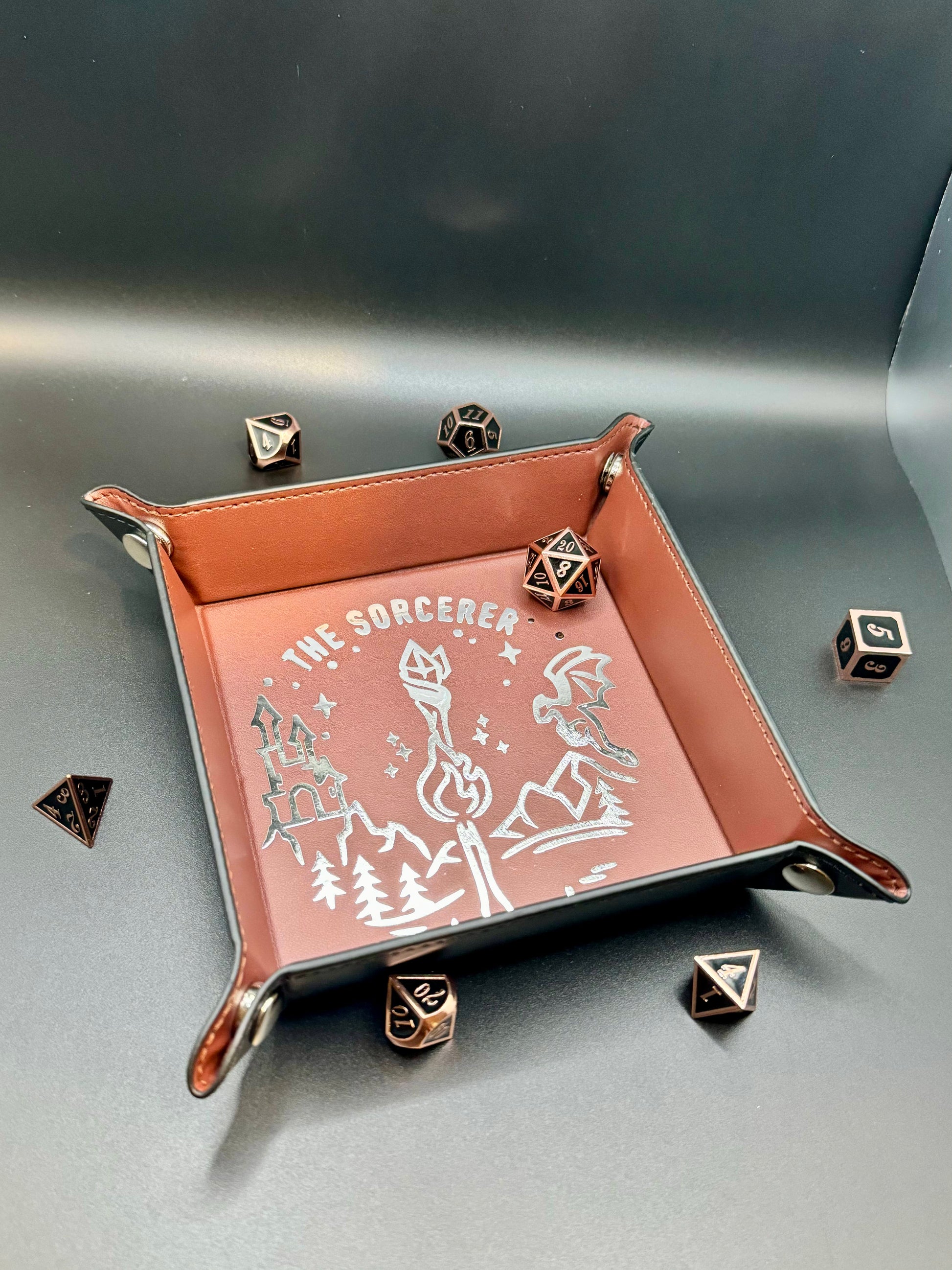 Personalized custom dice tray for tabletop games like Dungeons & Dragons, perfect for barbarians, bards, clerics, druids, fighters, monks, paladins, rangers, rogues, sorcerers, warlocks, and wizards