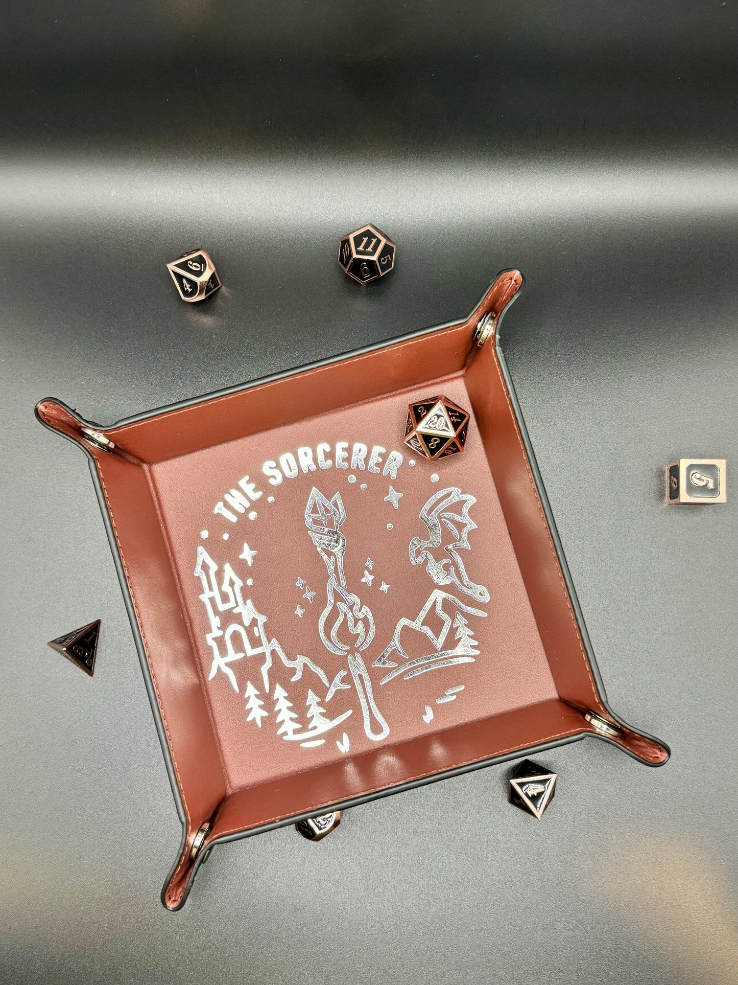 Personalized custom dice tray for tabletop games like Dungeons & Dragons, perfect for barbarians, bards, clerics, druids, fighters, monks, paladins, rangers, rogues, sorcerers, warlocks, and wizards