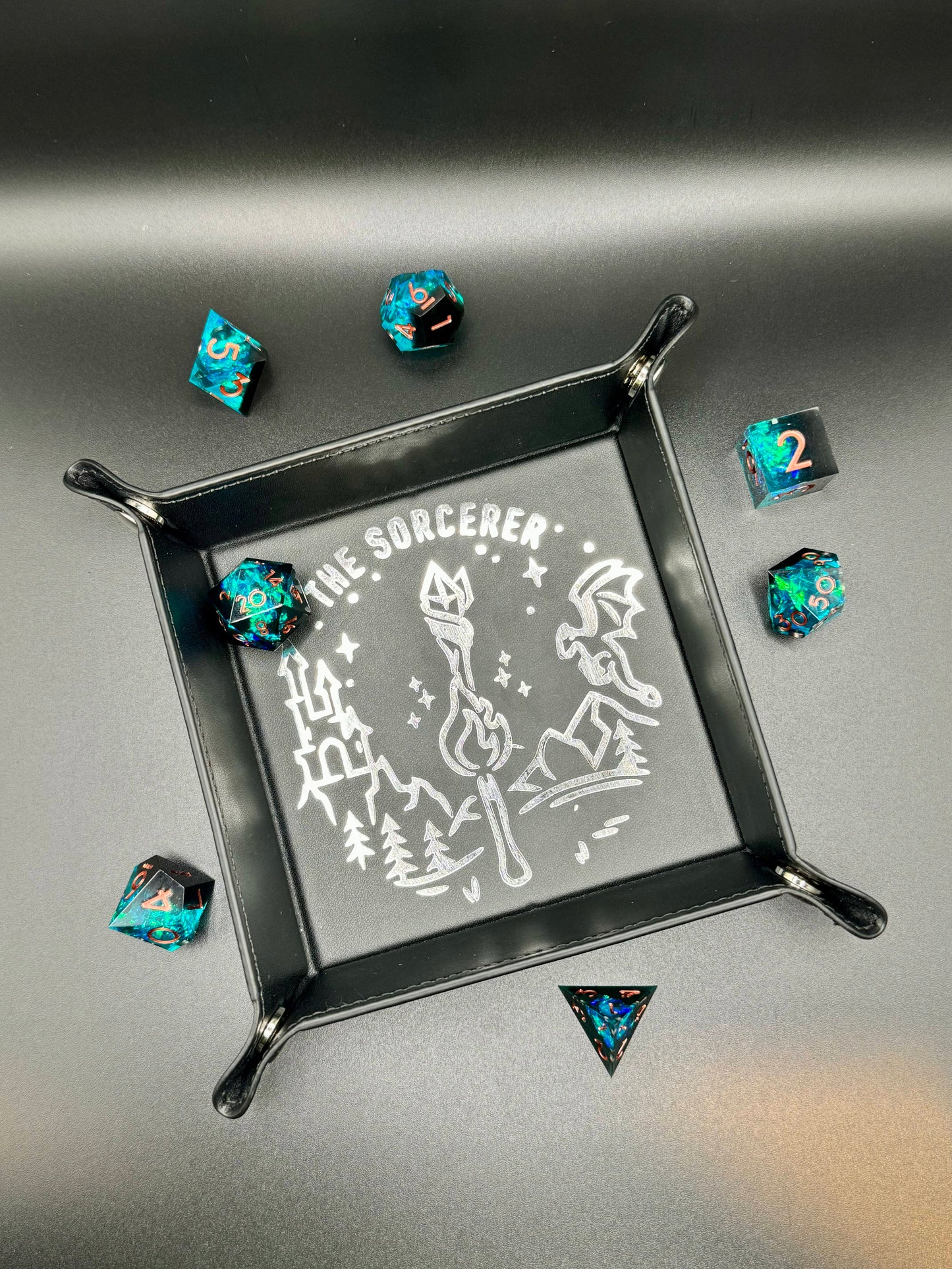 Personalized custom dice tray for tabletop games like Dungeons & Dragons, perfect for barbarians, bards, clerics, druids, fighters, monks, paladins, rangers, rogues, sorcerers, warlocks, and wizards