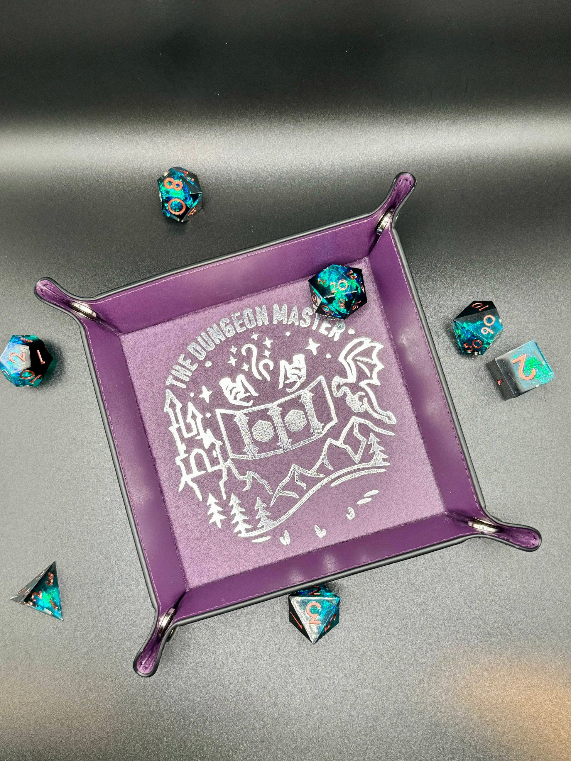 Personalized custom dice tray for tabletop games like Dungeons & Dragons, perfect for barbarians, bards, clerics, druids, fighters, monks, paladins, rangers, rogues, sorcerers, warlocks, and wizards