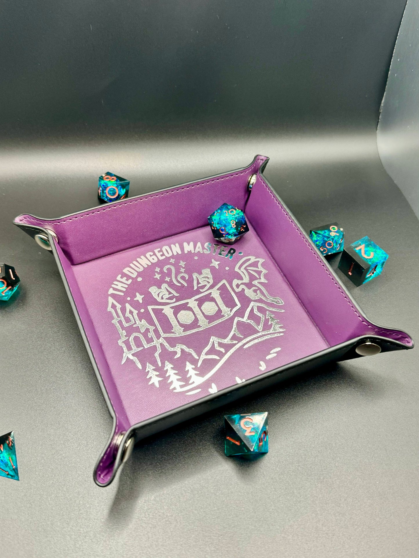 Personalized custom dice tray for tabletop games like Dungeons & Dragons, perfect for barbarians, bards, clerics, druids, fighters, monks, paladins, rangers, rogues, sorcerers, warlocks, and wizards