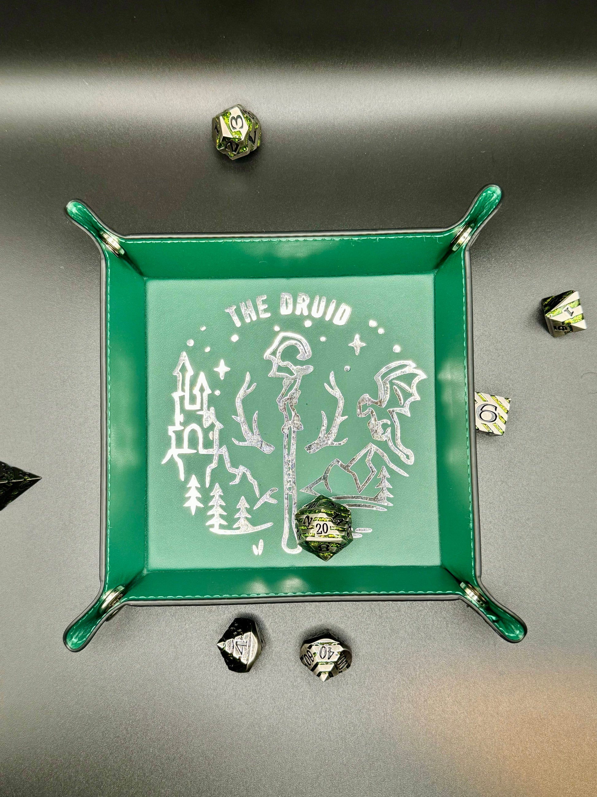 Personalized custom dice tray for tabletop games like Dungeons & Dragons, perfect for barbarians, bards, clerics, druids, fighters, monks, paladins, rangers, rogues, sorcerers, warlocks, and wizards