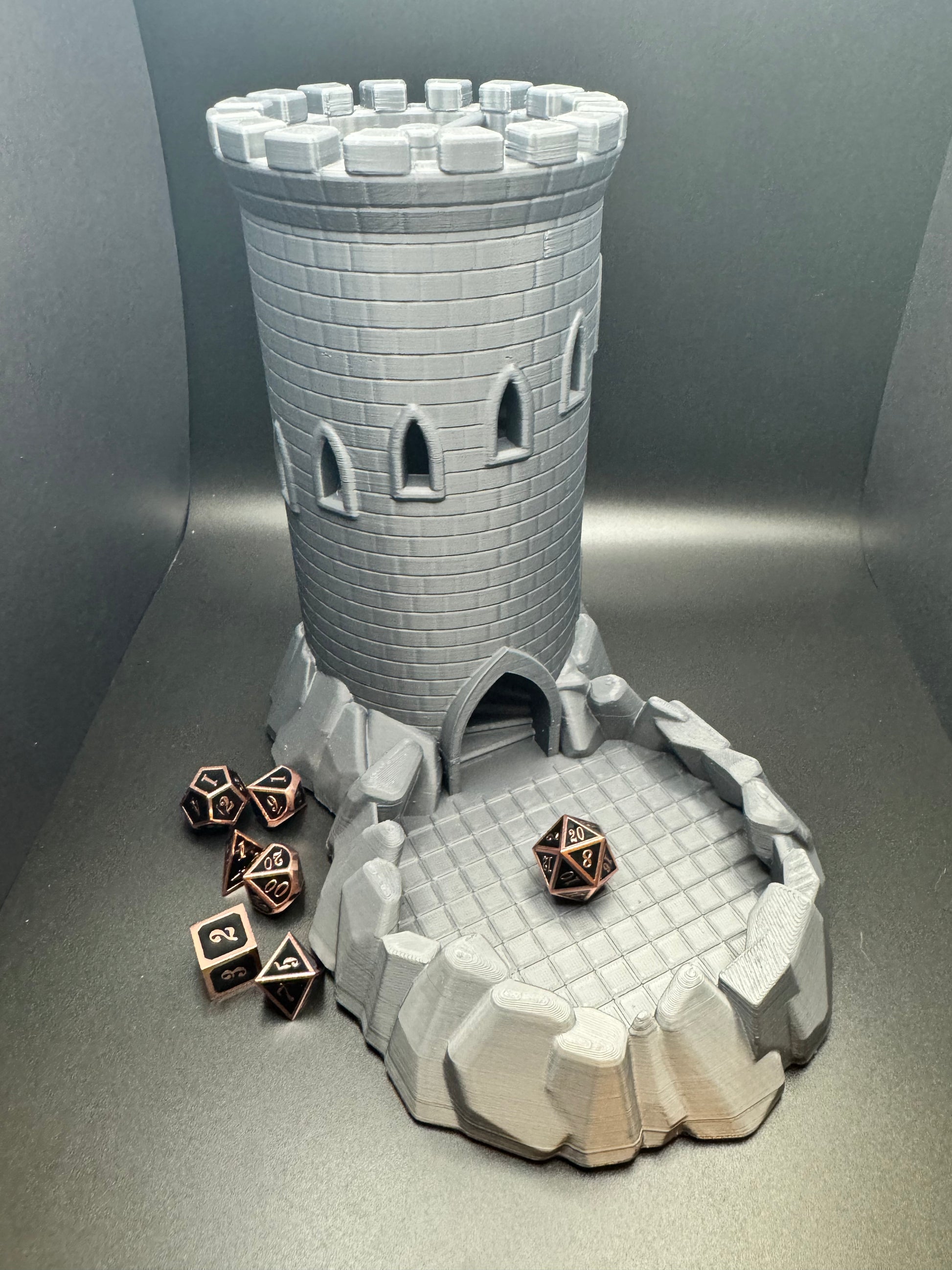 Unique fantasy-themed dice tower with integrated dice tray.