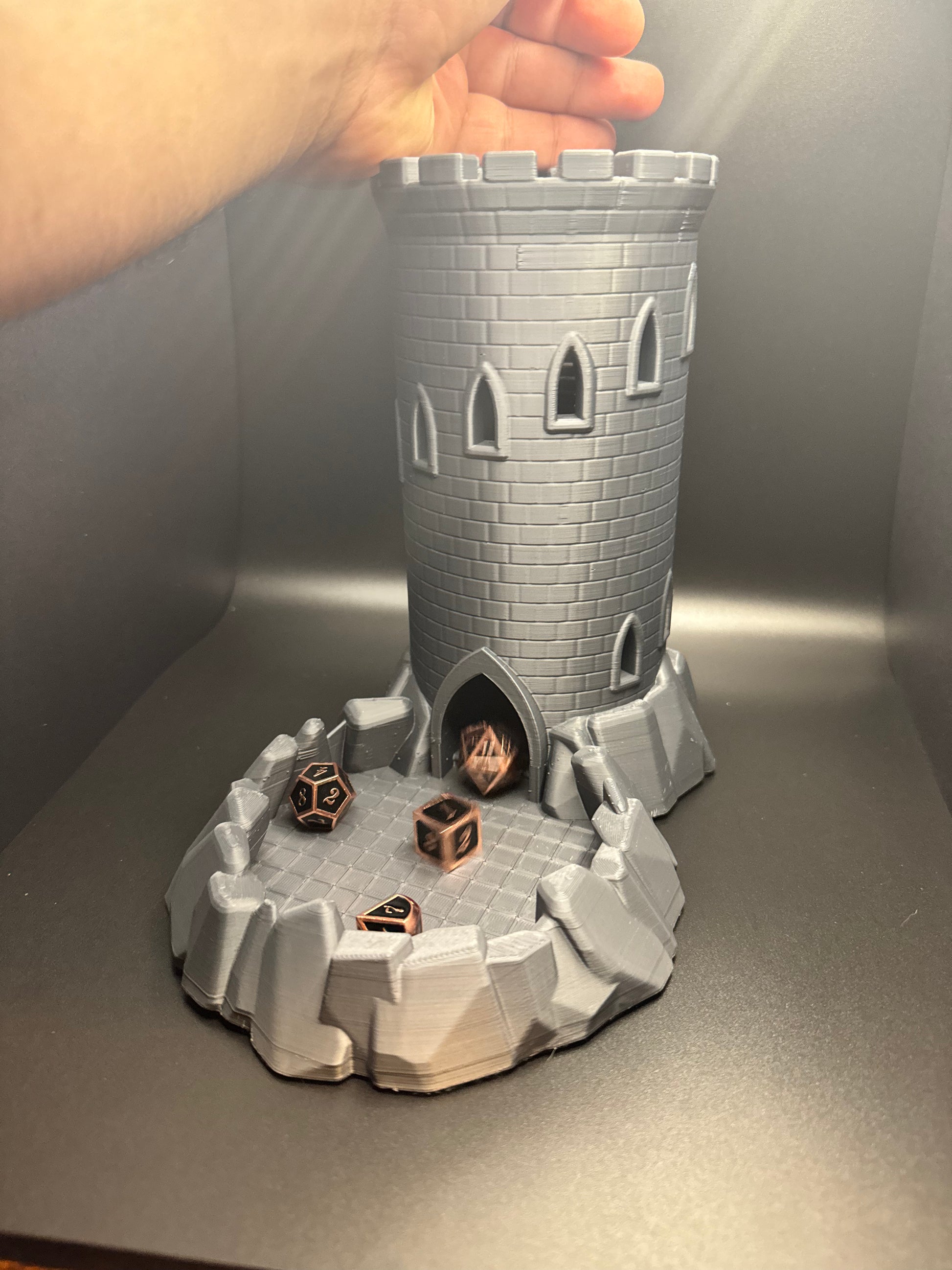 Unique fantasy-themed dice tower with integrated dice tray. Custom 3D-printed dice tower for tabletop games like Dungeons & Dragons.