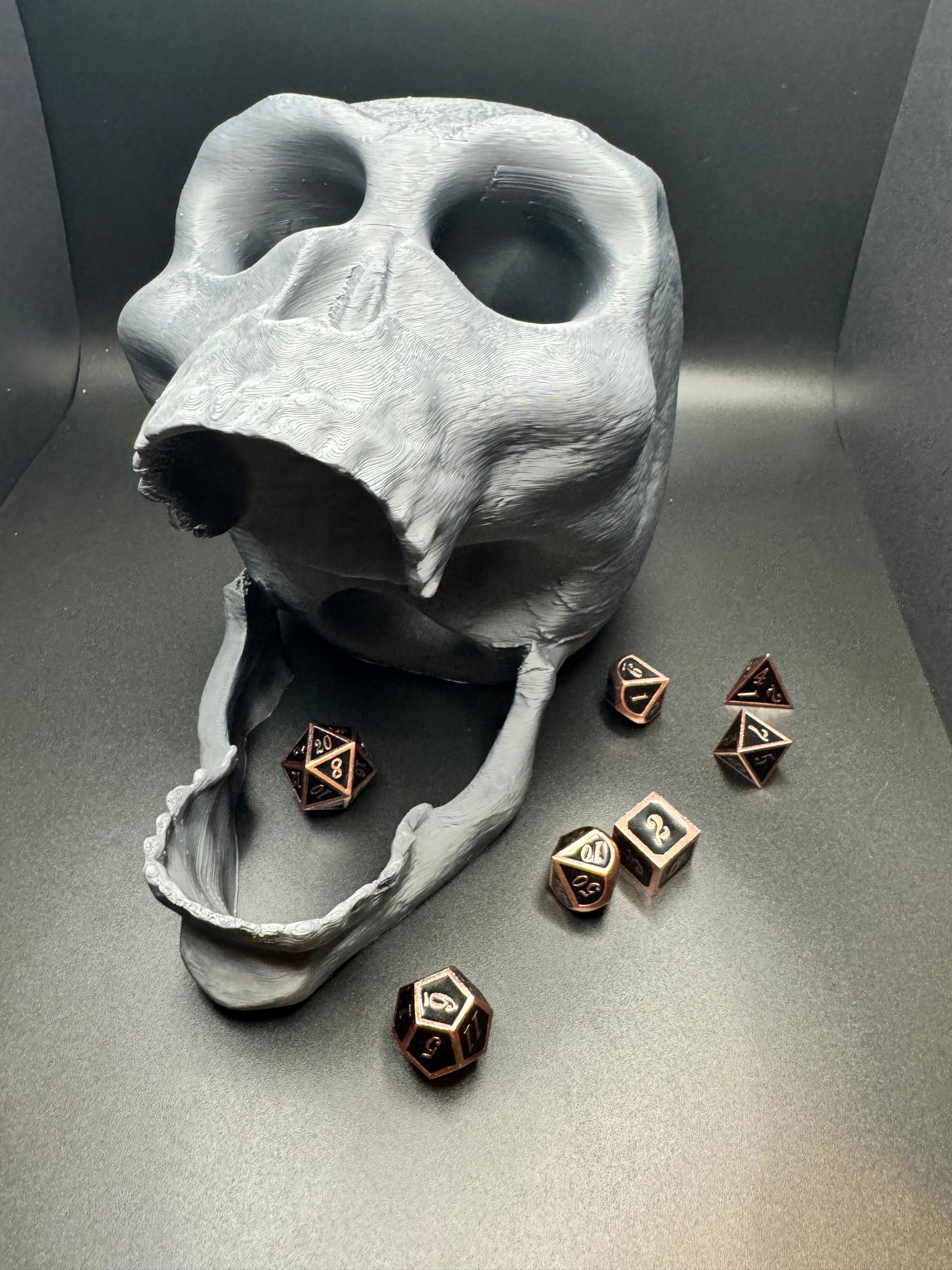 Unique fantasy-themed dice tower with integrated dice tray. Custom 3D-printed dice tower for tabletop games like Dungeons & Dragons.