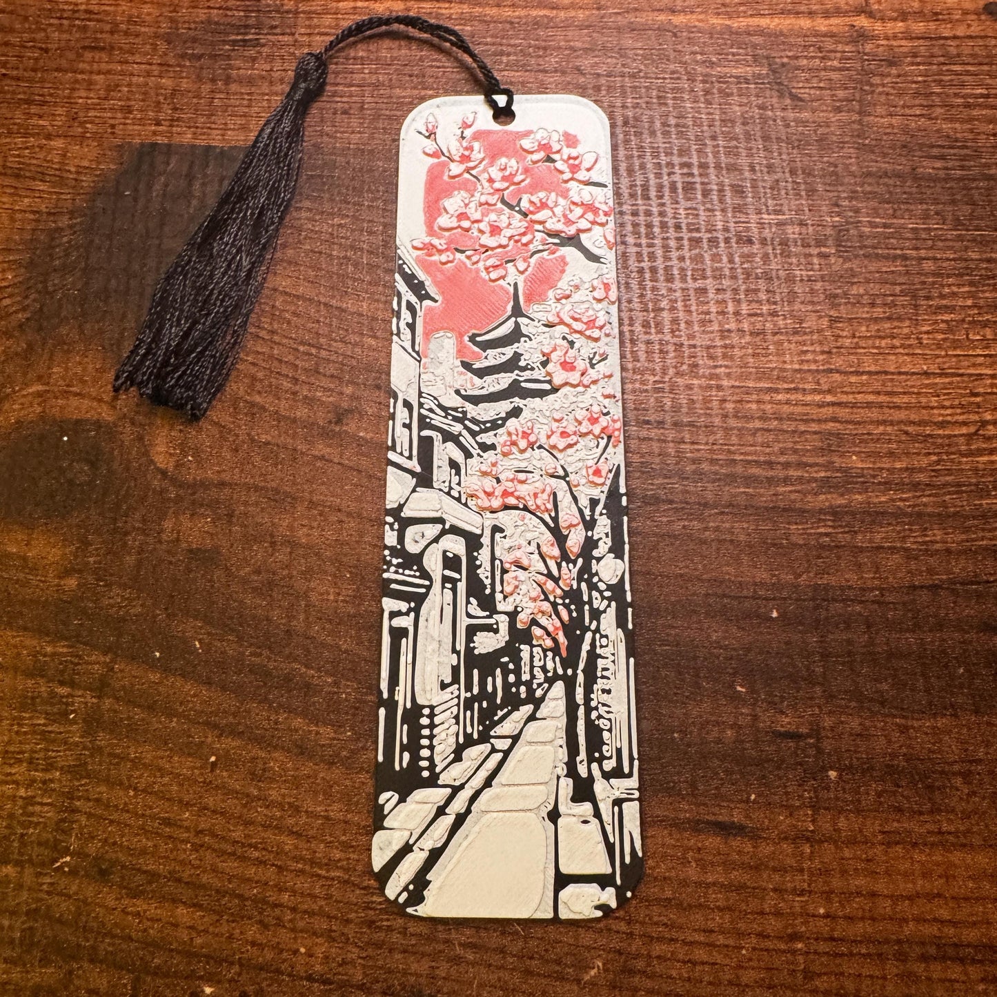 Cherry Blossom Bookmark Set – Pink Blossoms on Black & White Japanese-Inspired Design | 3D Printed Elegant Bookmarks with Black Tassel