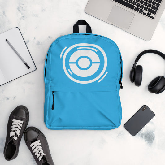 Product mockup Blue Pokémon Go backpack with PokéStop logo on the front