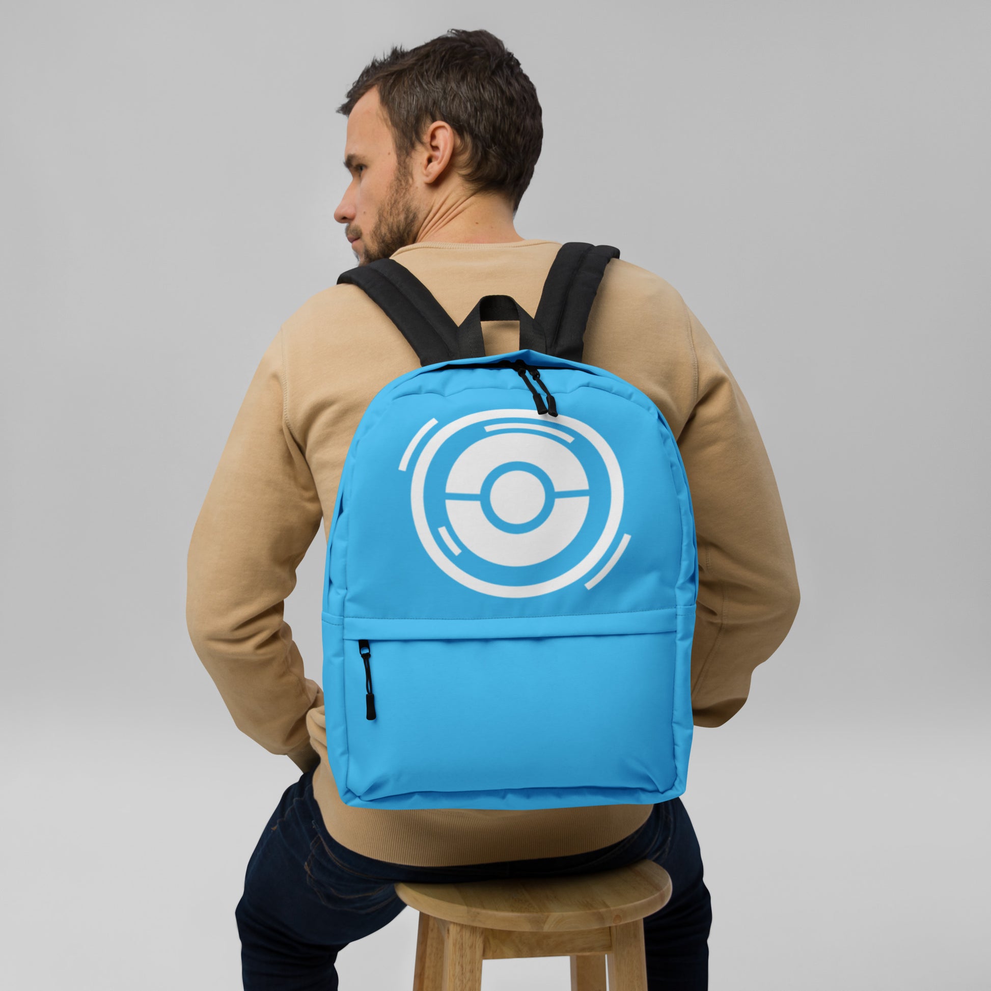 Product mockup Ergonomic blue backpack for gamers with padded straps and mesh back