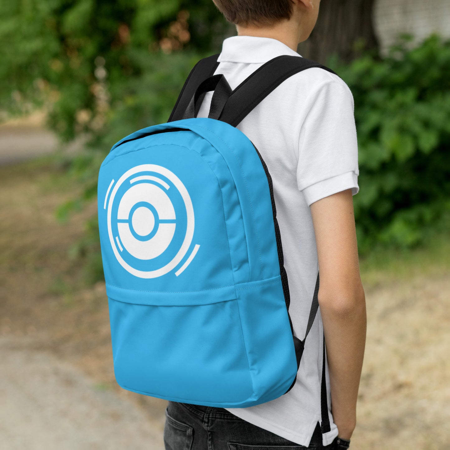 Product mockup Pokémon-themed adventure backpack with stylish PokéStop design