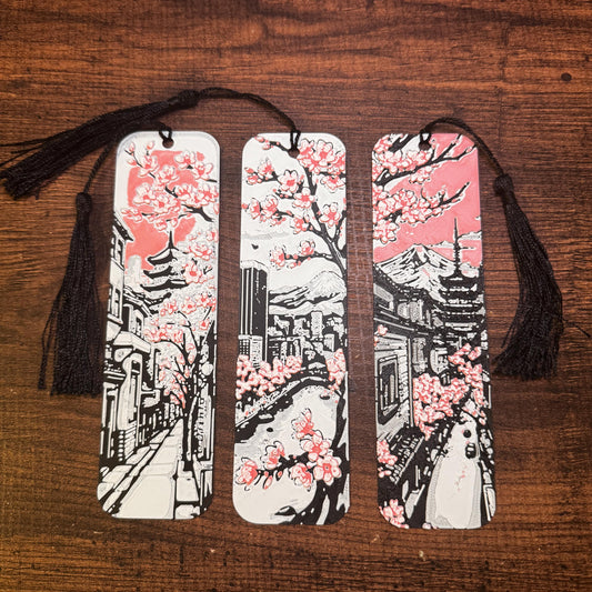Cherry Blossom Bookmark Set – Pink Blossoms on Black & White Japanese-Inspired Design | 3D Printed Elegant Bookmarks with Black Tassel