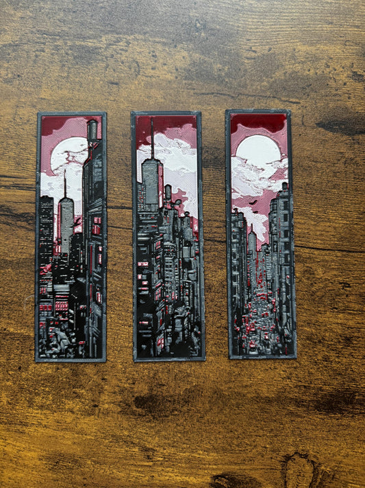 Endless Metropolis Bookmark Set – Futuristic Cityscape with Neon Tones & Glowing Moon | Dystopian-Inspired 3D Printed Bookmarks
