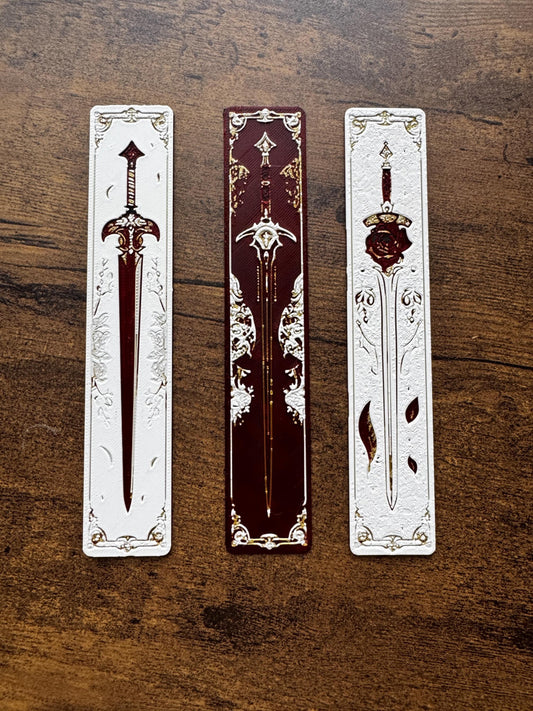 Blade and Blossom Bookmark Set – Fantasy Sword & Flower Bookmarks in Red, White and Gold | Aesthetic Page Markers (Set of 3 or Individual)