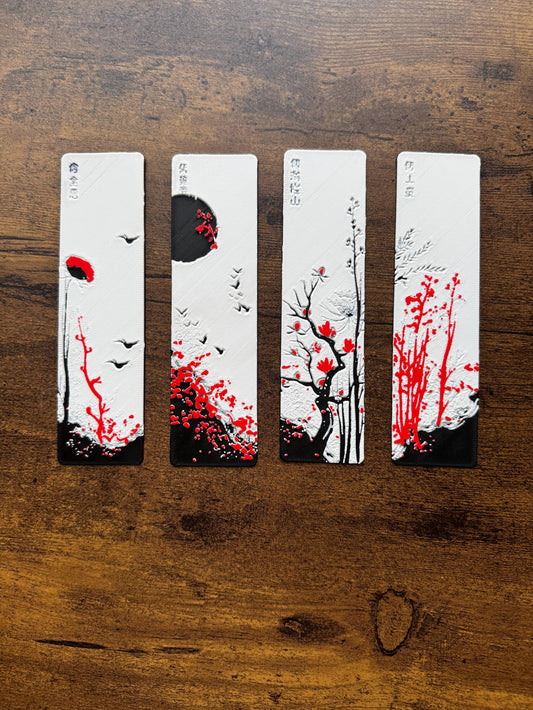 Red Blossom Bookmark Set – Nature-Inspired Black & White Bookmarks with Red Floral Accents | Aesthetic Bookmark Gift (Single or Set of 4)