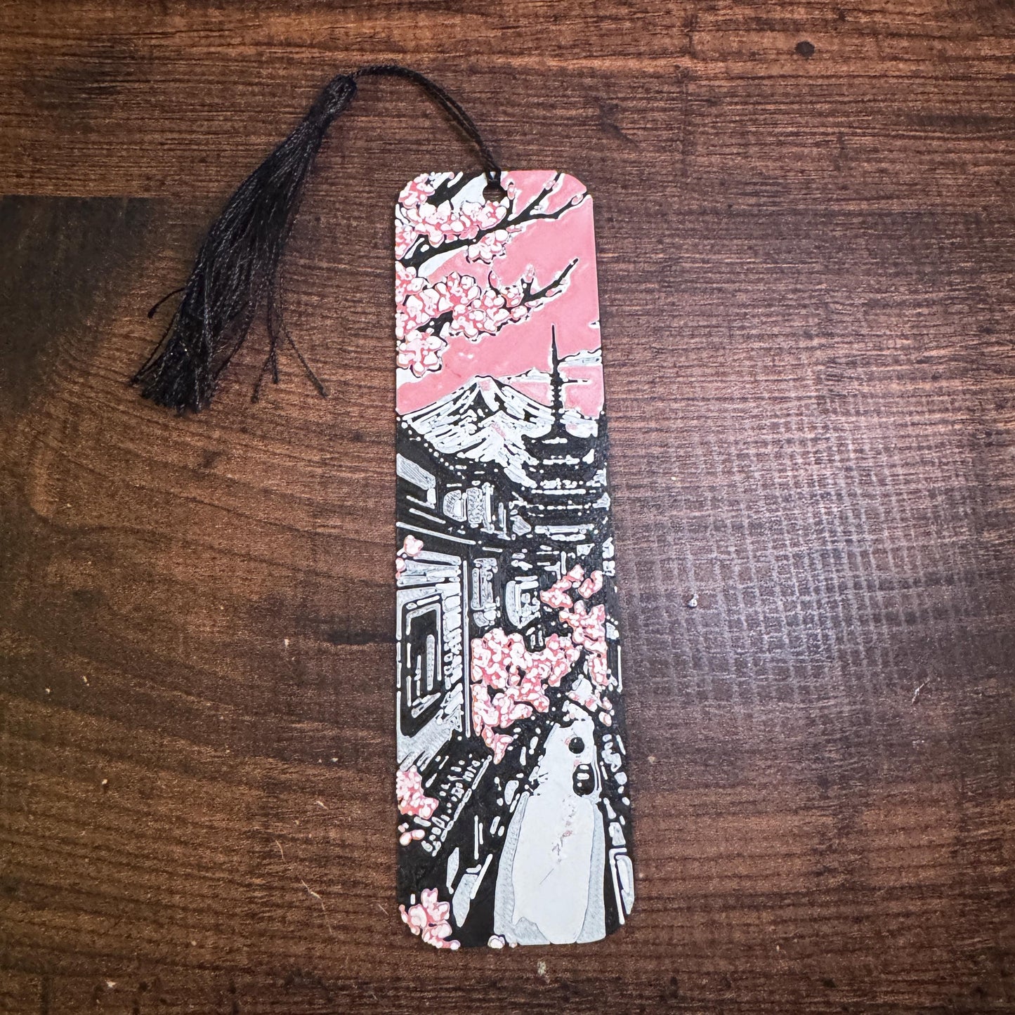 Cherry Blossom Bookmark Set – Pink Blossoms on Black & White Japanese-Inspired Design | 3D Printed Elegant Bookmarks with Black Tassel